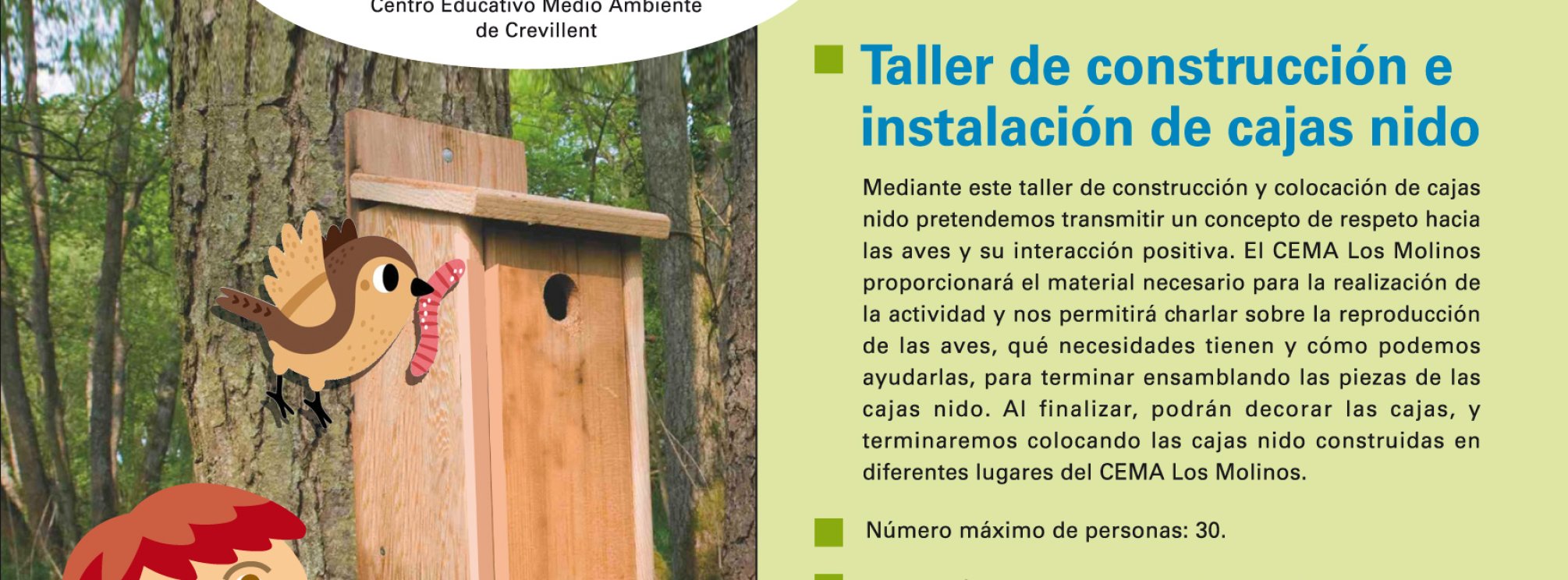 Domingos en familia en CEMA Los Molinos. Taller construcción e instalación cajas nido . 9 marzo 2025