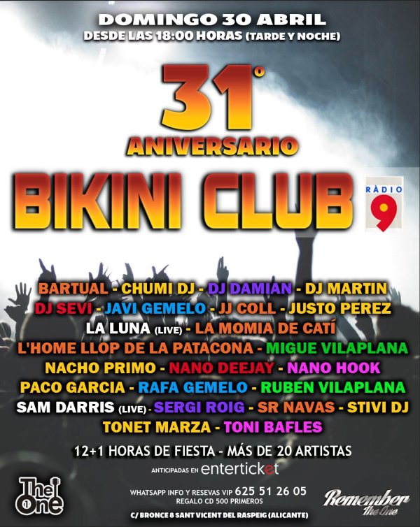 BIKINI CLUB 31º ANIVERSARIO | 30 de Abril 2023 | Remember The One |  Enterticket